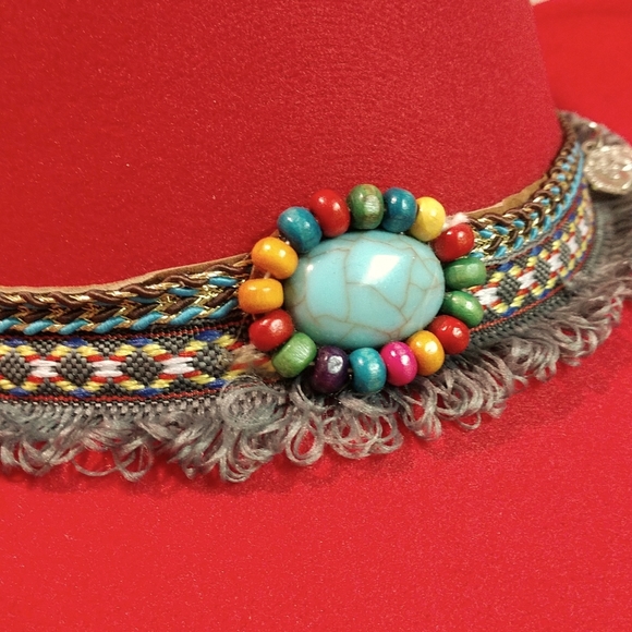 RESERVED Southern Red Cowboy Hat Turquoise Tassels Pendants Fringe Accent Boho - Picture 4 of 17